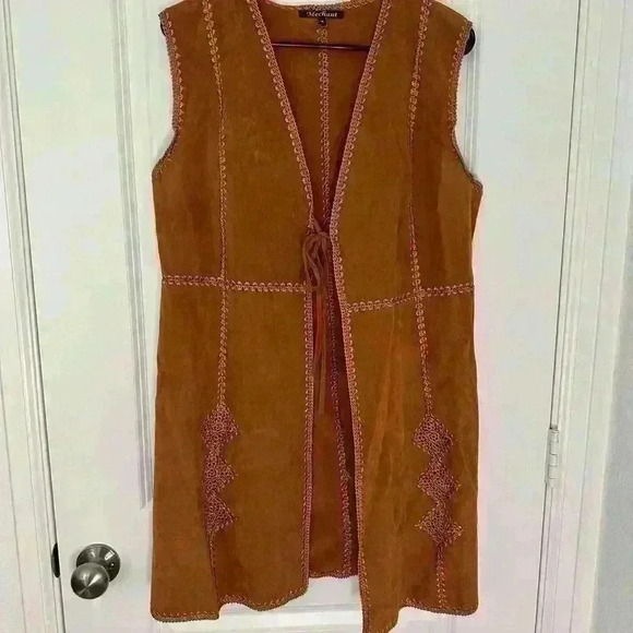 Mechant Womens Embroidered Vest Size M Brown Sleeveless Tie Front Mid Length - Picture 2 of 12